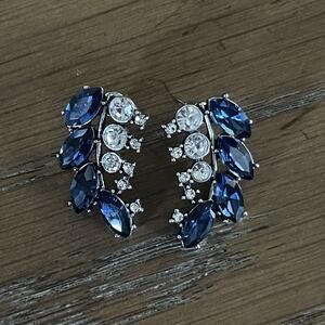 Rhinestone Blue Crystal Leafy Post Earrings Wedding Formal Prom Fashion